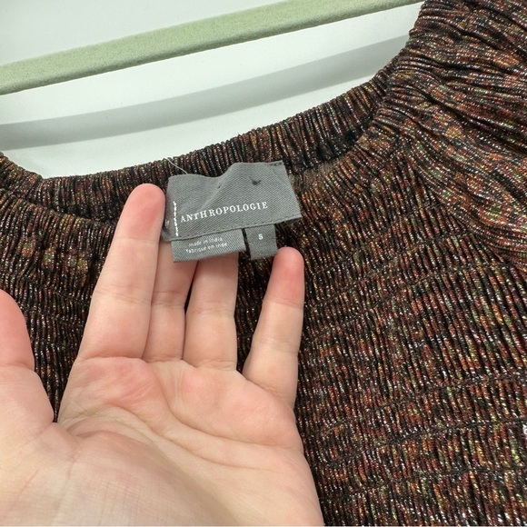 Anthropologie Brown Blouse with Puff Sleeves and Smocked Fit Size Small Sparkle - Picture 6 of 6